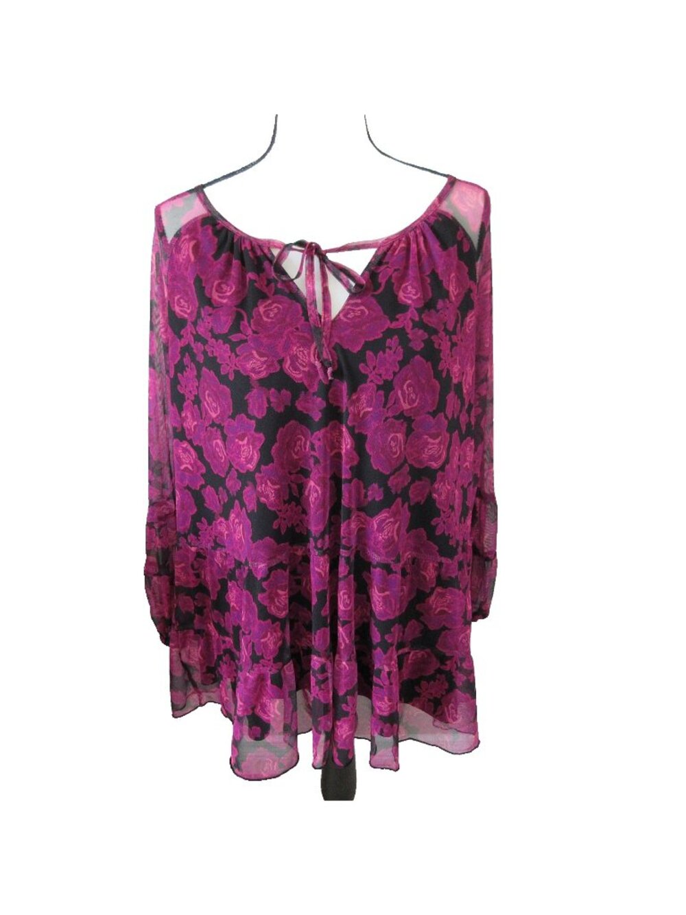 Terra & Sky Size 3X Print Mesh Peasant Top Balloon Sleeve Black Wine Roses Lined